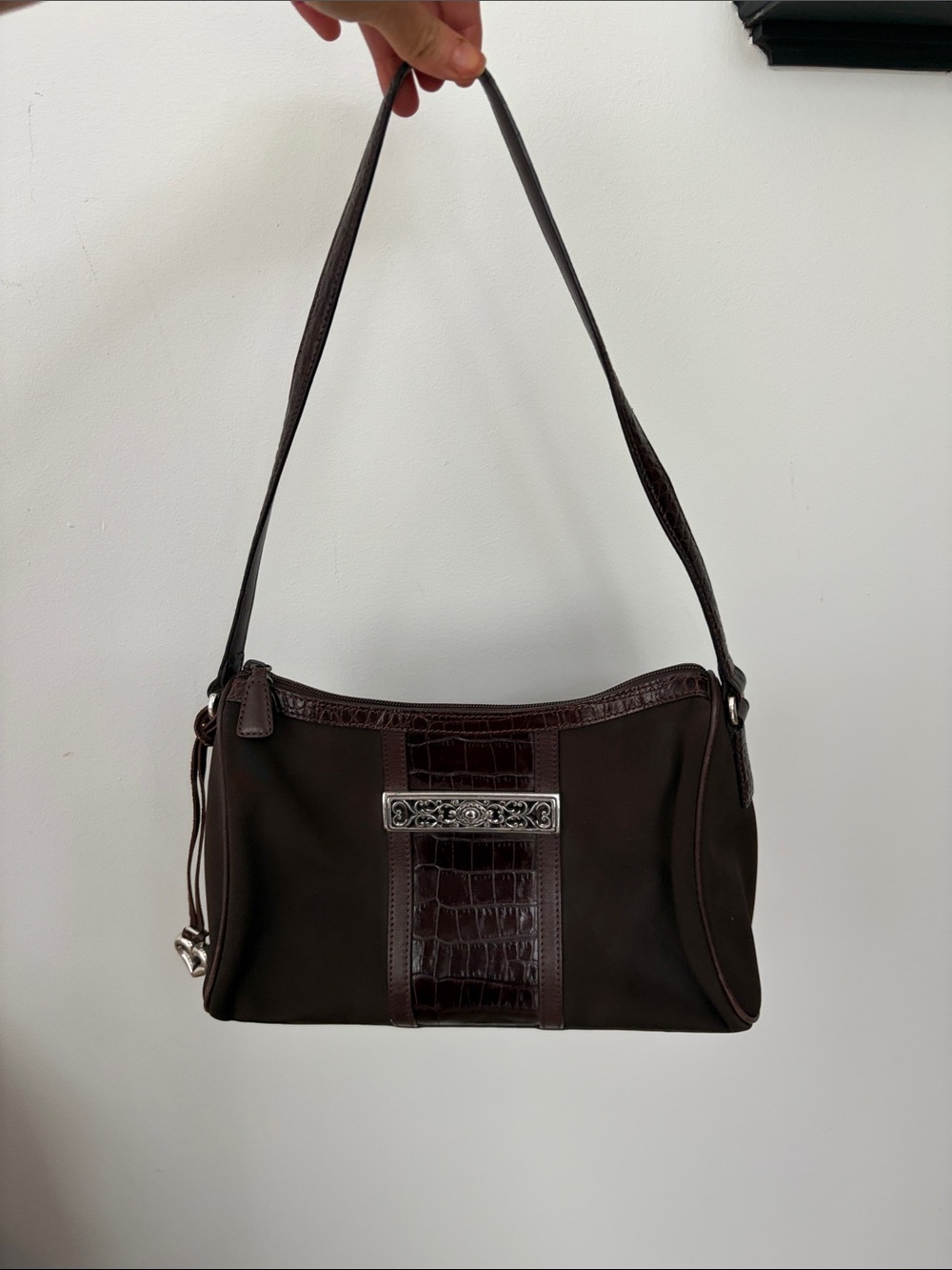 Vintage Dark Brown Shoulder Bag with Croc Accent